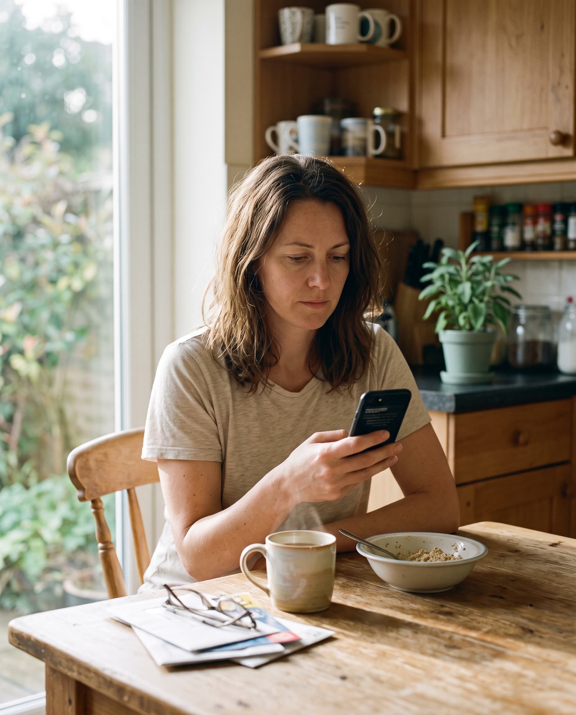 A woman at a kitchen table in morning light, looking down at her phone over a mug of tea and a half-eaten bowl of cereal