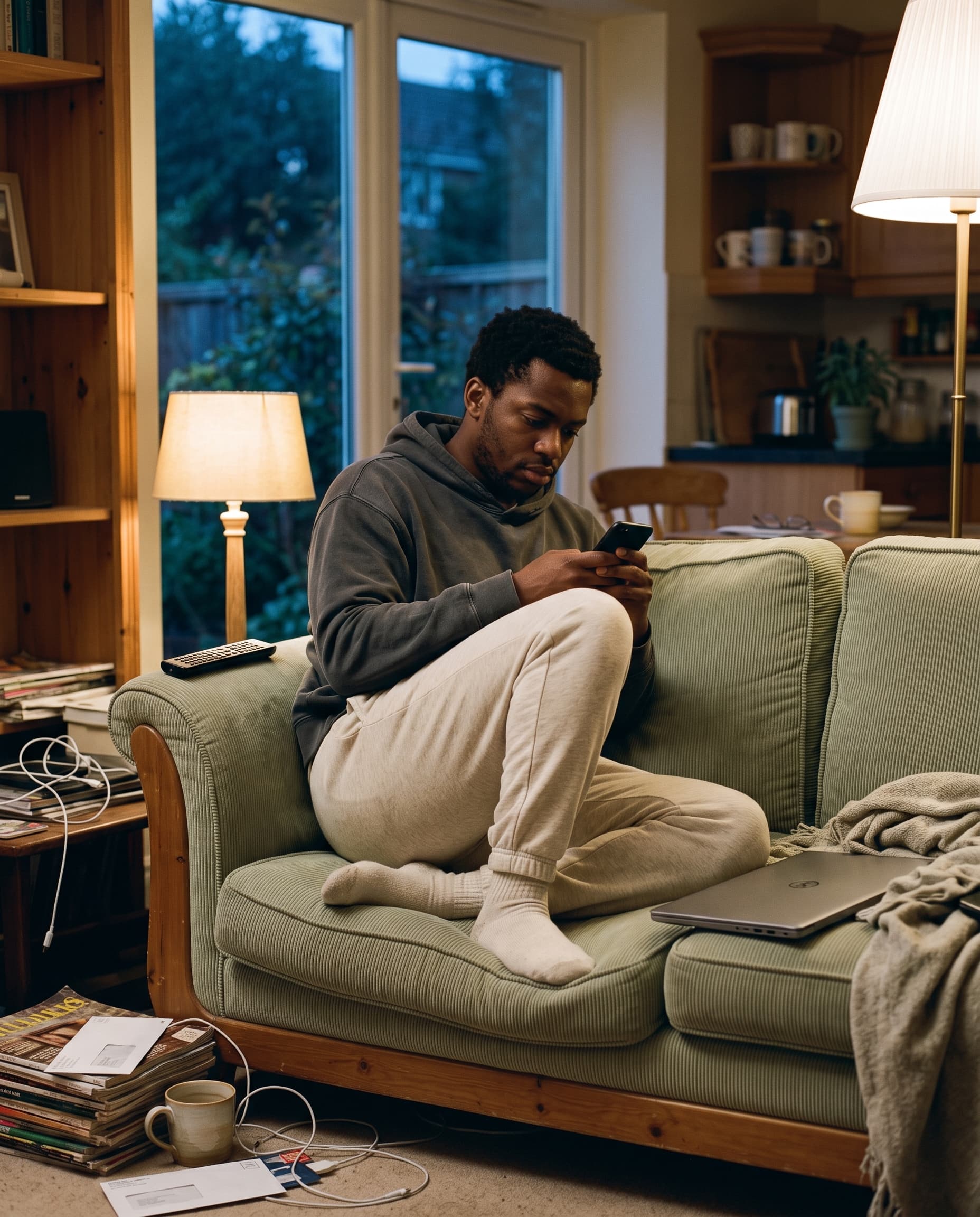 A man sitting sideways on a sofa at dusk in a lamp-lit room, knees drawn up, phone held in both hands, a closed laptop pushed aside